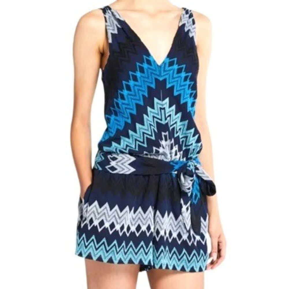 RAMY BROOK Womens 4 Navy Blue Chevron Embroidered V-Neck Tie Waist Bernie Romper